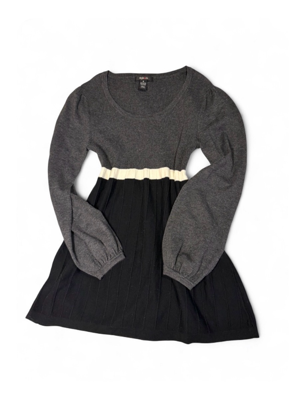Style & Co. Grey, Black & Cream Knit babydoll sweater